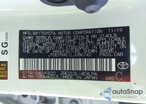 2020 Toyota Corolla Le из США, поврежденный, VIN JTDEPRAE1LJ086742